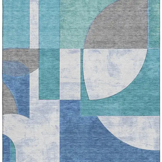 Teal Ivory And Gray Abstract Geometric Washable Area Rug With UV Protection Photo 2
