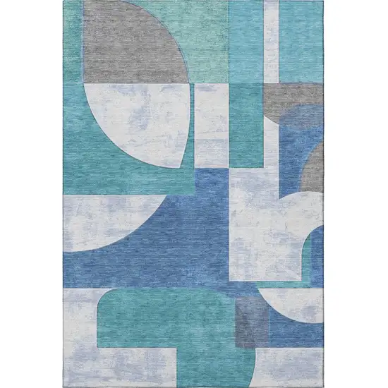 Teal Ivory And Gray Abstract Geometric Washable Area Rug With UV Protection Photo 3