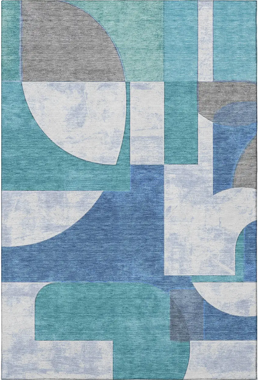 Teal Ivory And Gray Abstract Geometric Washable Area Rug With UV Protection Photo 3