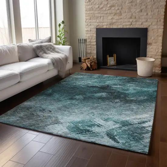 Teal Ivory And Gray Abstract Washable Area Rug With UV Protection Photo 3