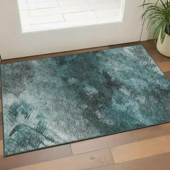 Teal Ivory And Gray Abstract Washable Area Rug With UV Protection Photo 1