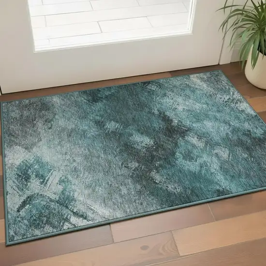 Teal Ivory And Gray Abstract Washable Area Rug With UV Protection Photo 2