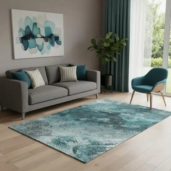 Teal Ivory And Gray Abstract Washable Area Rug With UV Protection Photo 1