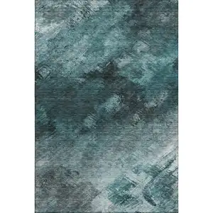 Photo of Teal Ivory And Gray Abstract Washable Area Rug With UV Protection