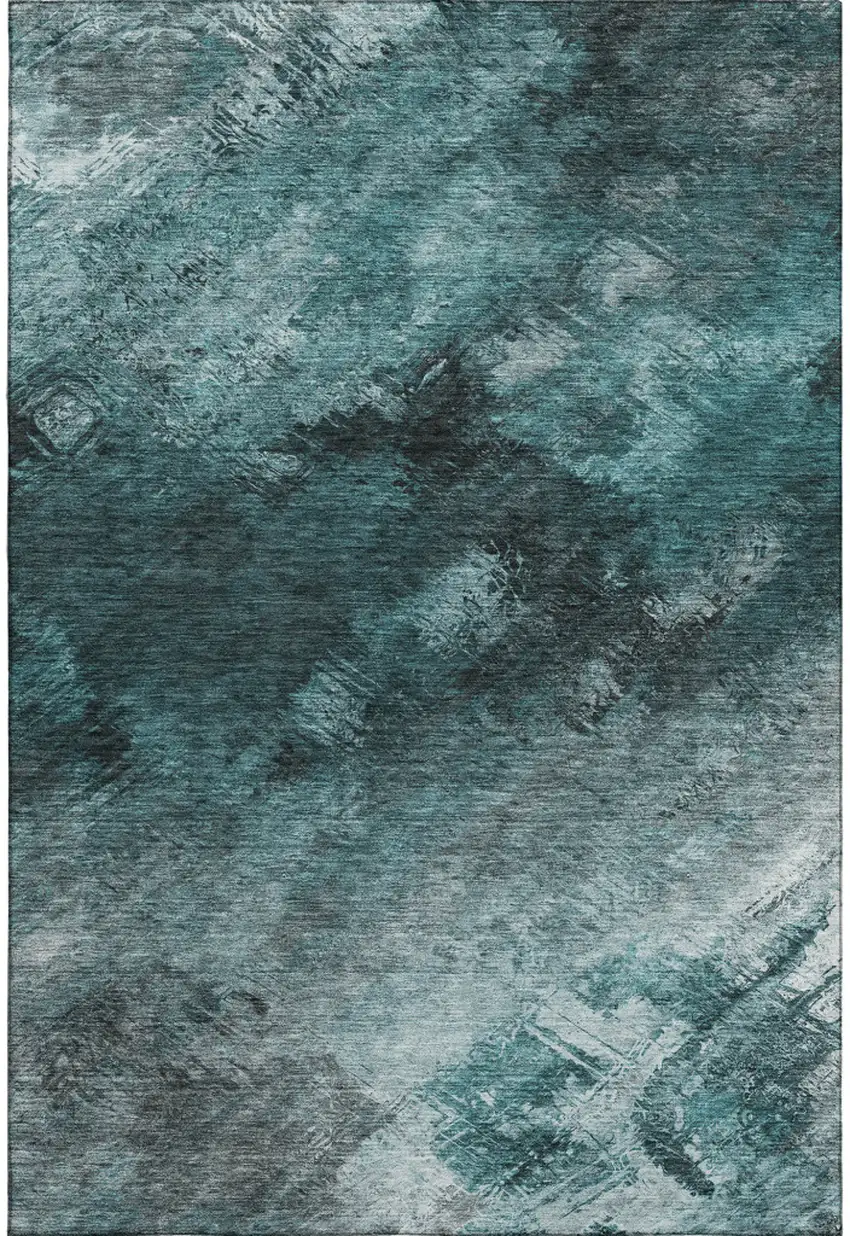 Teal Ivory And Gray Abstract Washable Area Rug With UV Protection Photo 1