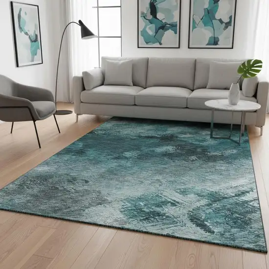 Teal Ivory And Gray Abstract Washable Area Rug With UV Protection Photo 2