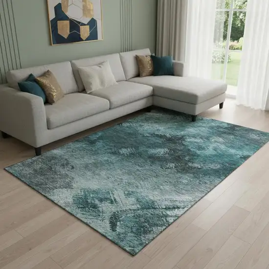 Teal Ivory And Gray Abstract Washable Area Rug With UV Protection Photo 1