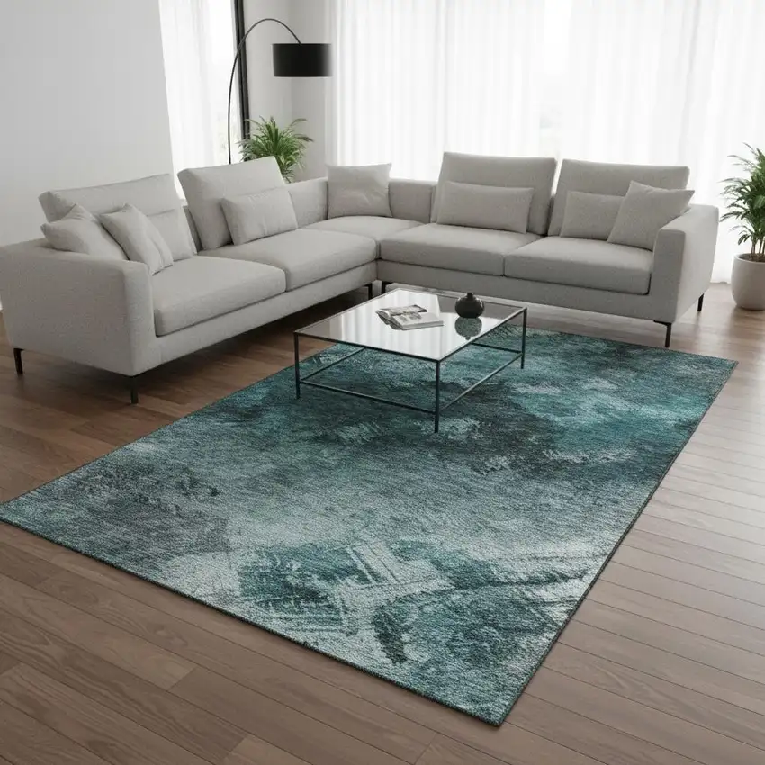 Teal Ivory And Gray Abstract Washable Area Rug With UV Protection Photo 1