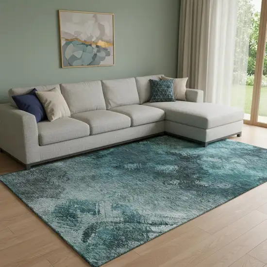 Teal Ivory And Gray Abstract Washable Area Rug With UV Protection Photo 1