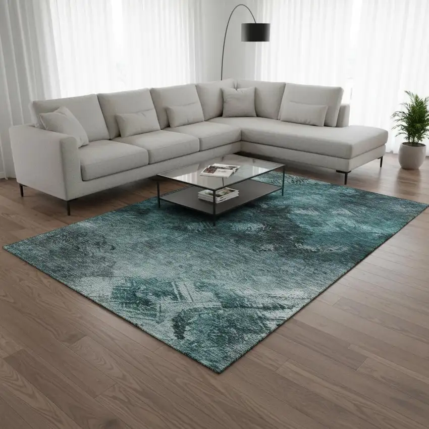 Teal Ivory And Gray Abstract Washable Area Rug With UV Protection Photo 2