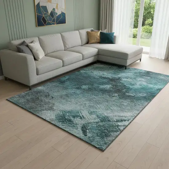 Teal Ivory And Gray Abstract Washable Area Rug With UV Protection Photo 1