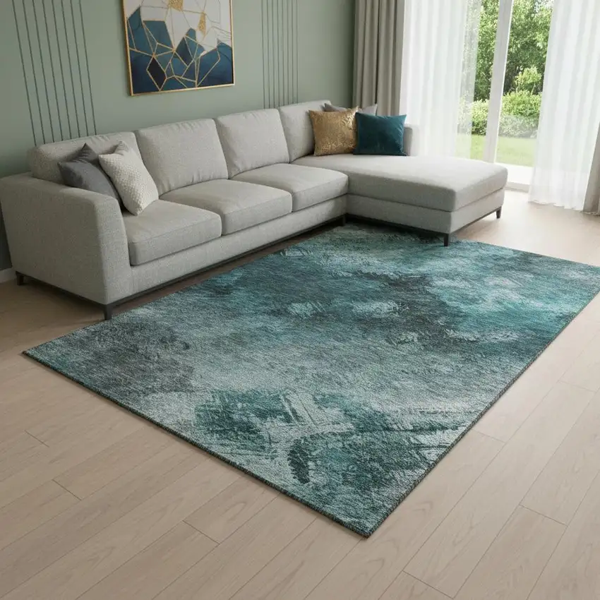 Teal Ivory And Gray Abstract Washable Area Rug With UV Protection Photo 1