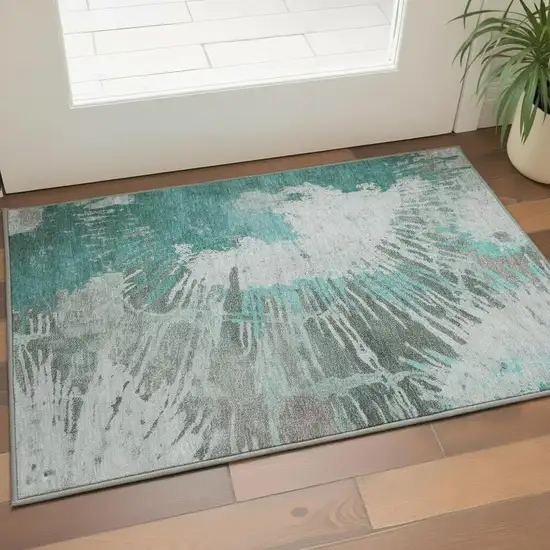 Teal Ivory And Gray Abstract Washable Area Rug With UV Protection Photo 2