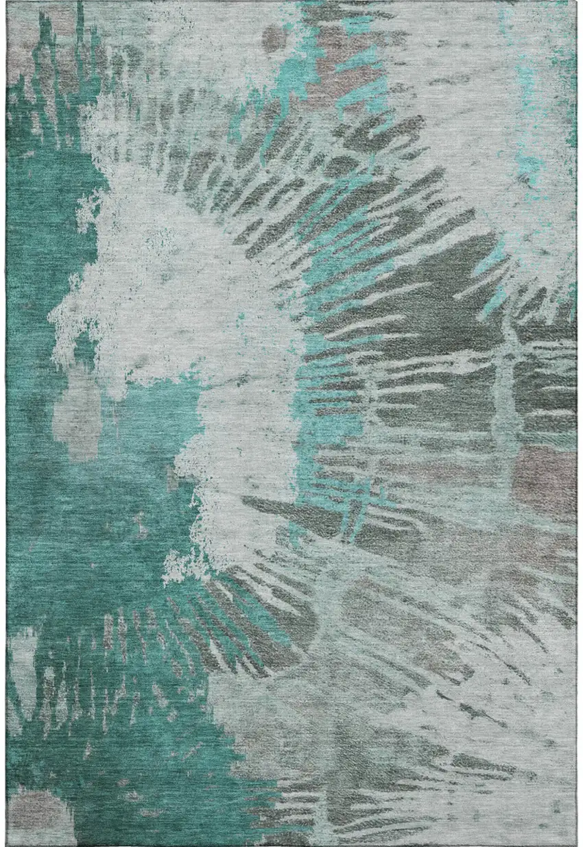 Teal Ivory And Gray Abstract Washable Area Rug With UV Protection Photo 1