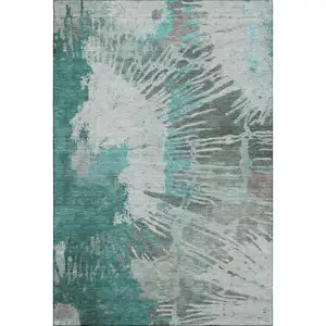 Photo of Teal Ivory And Gray Abstract Washable Area Rug With UV Protection