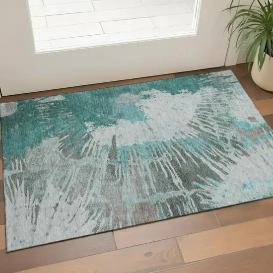 Teal Ivory And Gray Abstract Washable Area Rug With UV Protection Photo 1