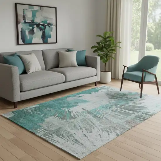 Teal Ivory And Gray Abstract Washable Area Rug With UV Protection Photo 1