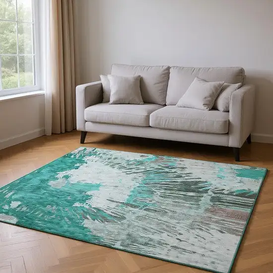 Teal Ivory And Gray Abstract Washable Area Rug With UV Protection Photo 2