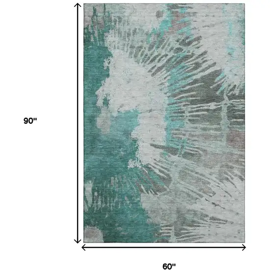Teal Ivory And Gray Abstract Washable Area Rug With UV Protection Photo 6