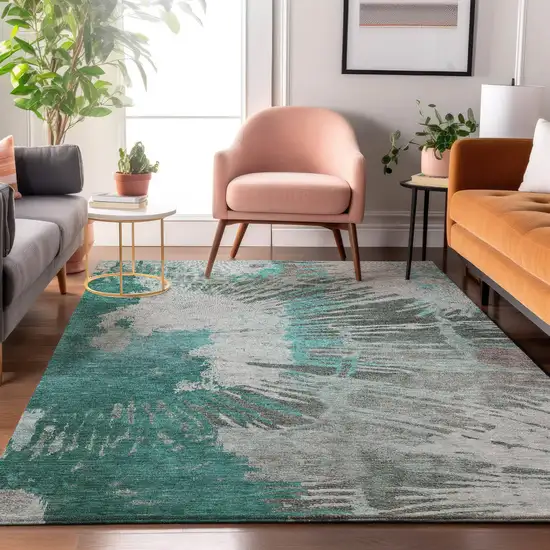 Teal Ivory And Gray Abstract Washable Area Rug With UV Protection Photo 3