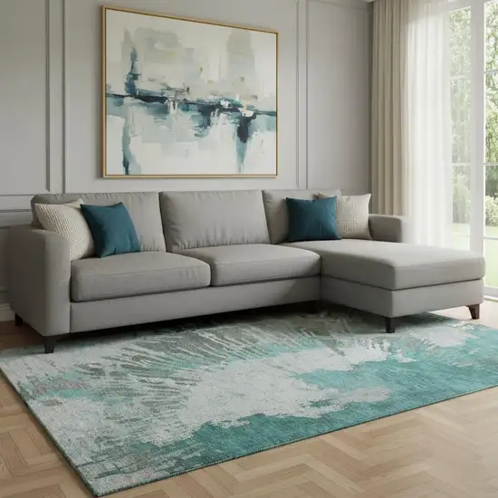 Teal Ivory And Gray Abstract Washable Area Rug With UV Protection Photo 1