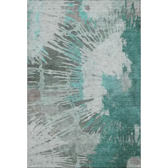 Teal Ivory And Gray Abstract Washable Area Rug With UV Protection Photo 4