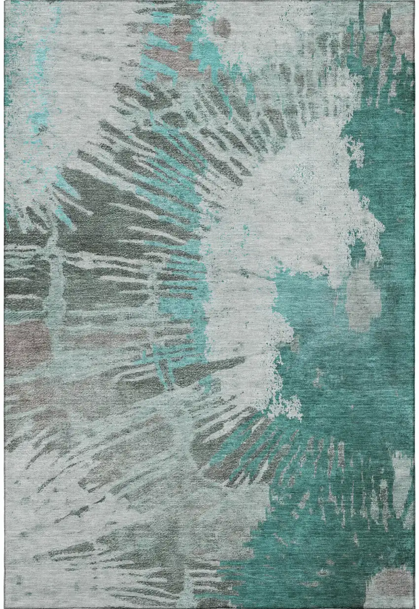 Teal Ivory And Gray Abstract Washable Area Rug With UV Protection Photo 4