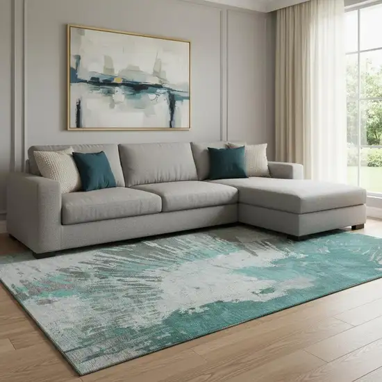 Teal Ivory And Gray Abstract Washable Area Rug With UV Protection Photo 1