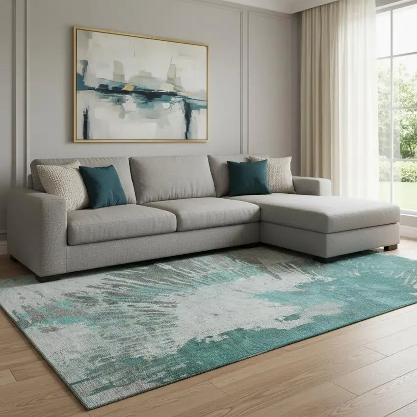 Teal Ivory And Gray Abstract Washable Area Rug With UV Protection Photo 1
