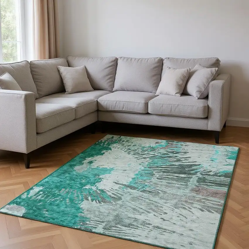 Teal Ivory And Gray Abstract Washable Area Rug With UV Protection Photo 2
