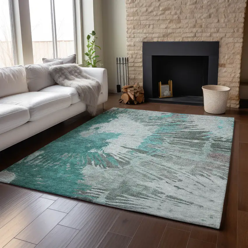 Teal Ivory And Gray Abstract Washable Area Rug With UV Protection Photo 6