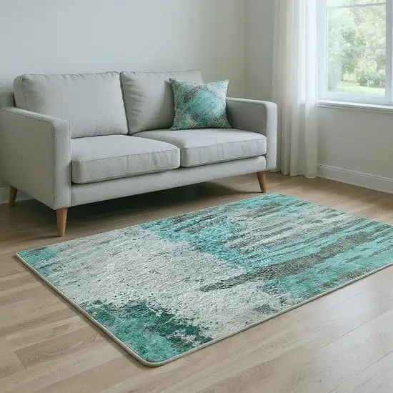 Teal Ivory And Gray Abstract Washable Area Rug With UV Protection Photo 2