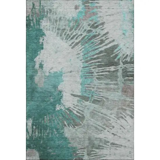 Teal Ivory And Gray Abstract Washable Area Rug With UV Protection Photo 1
