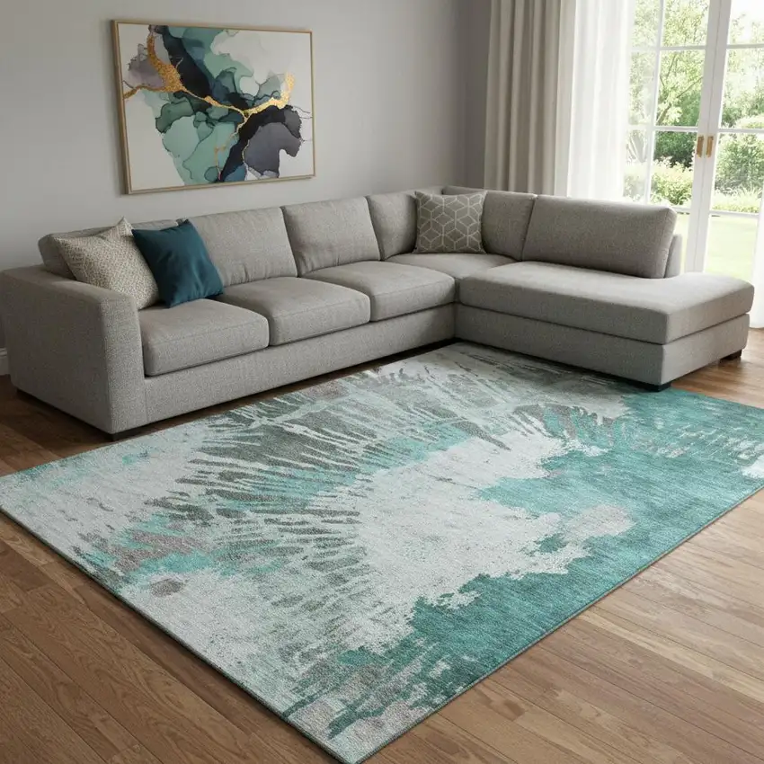 Teal Ivory And Gray Abstract Washable Area Rug With UV Protection Photo 1