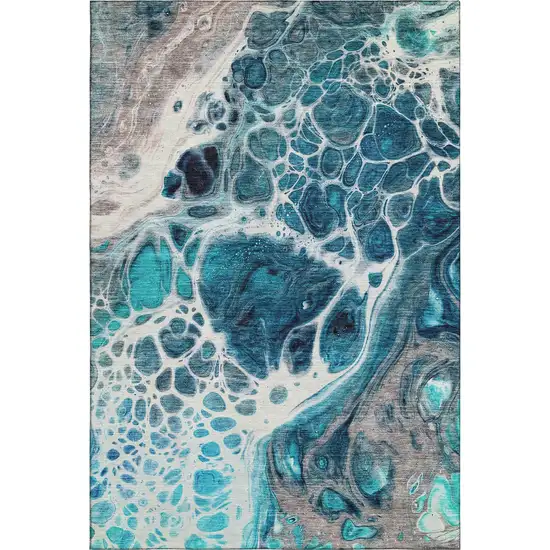 Teal Ivory And Gray Abstract Washable Area Rug With UV Protection Photo 1
