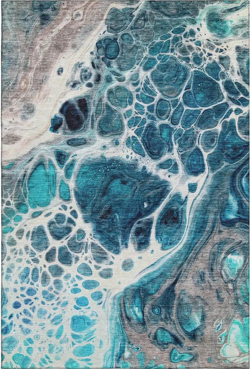 Teal Ivory And Gray Abstract Washable Area Rug With UV Protection Photo 1