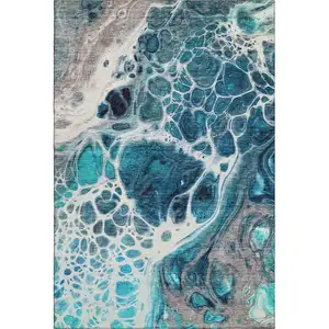 Photo of Teal Ivory And Gray Abstract Washable Area Rug With UV Protection