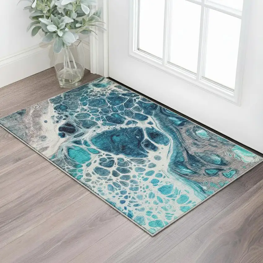 Teal Ivory And Gray Abstract Washable Area Rug With UV Protection Photo 2