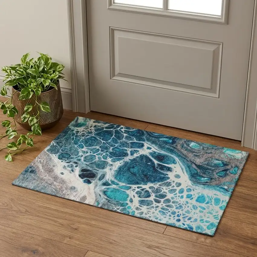 Teal Ivory And Gray Abstract Washable Area Rug With UV Protection Photo 1