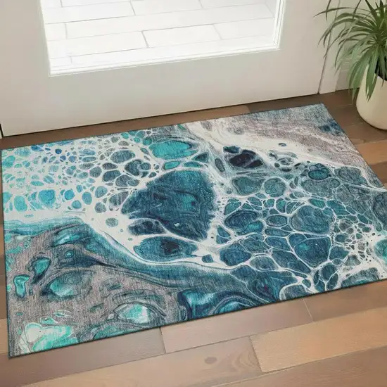 Teal Ivory And Gray Abstract Washable Area Rug With UV Protection Photo 1
