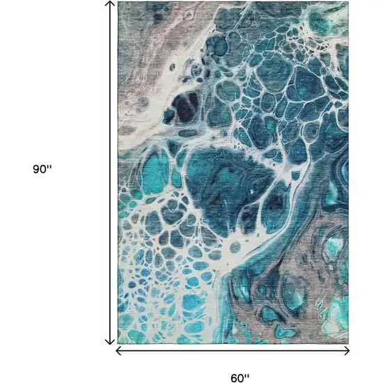 Teal Ivory And Gray Abstract Washable Area Rug With UV Protection Photo 3
