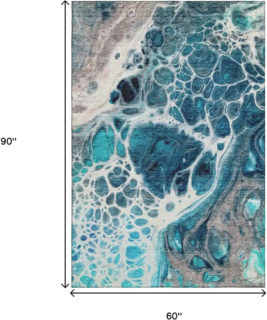 Teal Ivory And Gray Abstract Washable Area Rug With UV Protection Photo 3