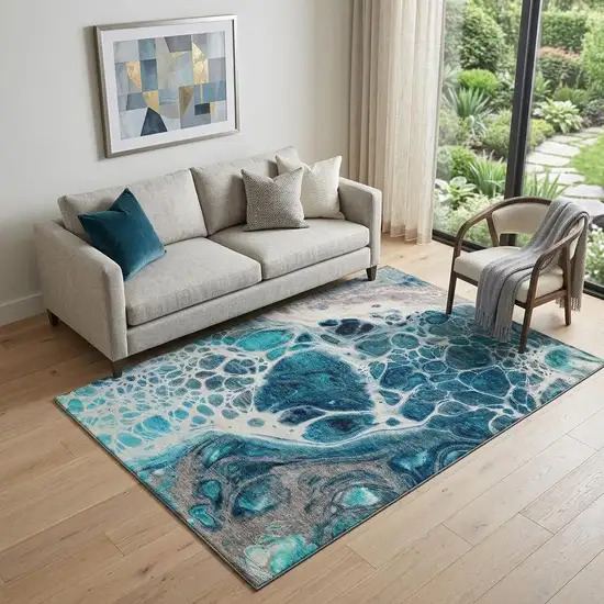 Teal Ivory And Gray Abstract Washable Area Rug With UV Protection Photo 1