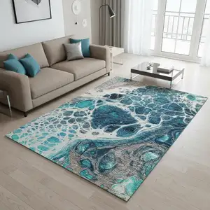 Photo of Teal Ivory And Gray Abstract Washable Area Rug With UV Protection