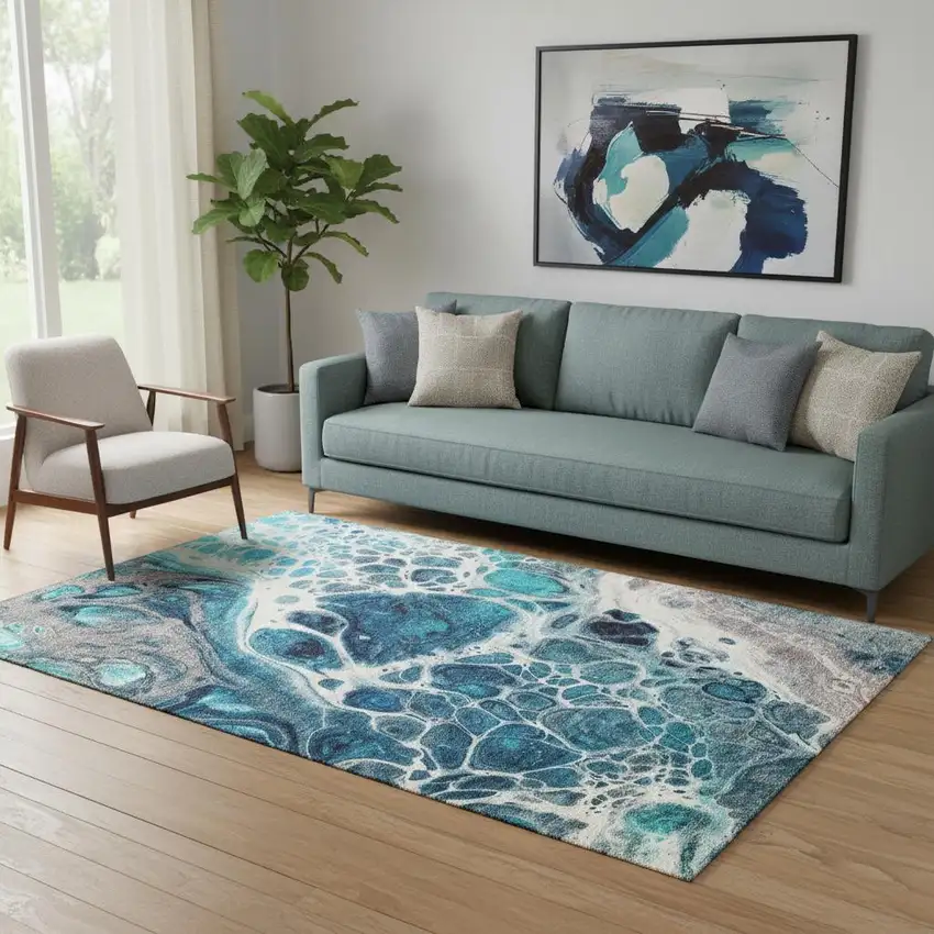 Teal Ivory And Gray Abstract Washable Area Rug With UV Protection Photo 1