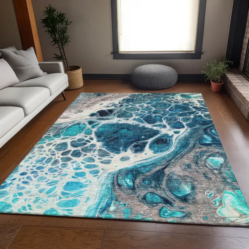 Teal Ivory And Gray Abstract Washable Area Rug With UV Protection Photo 5