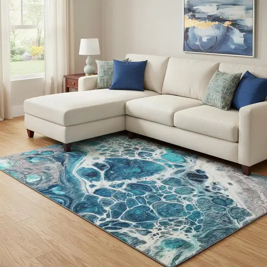 Teal Ivory And Gray Abstract Washable Area Rug With UV Protection Photo 1
