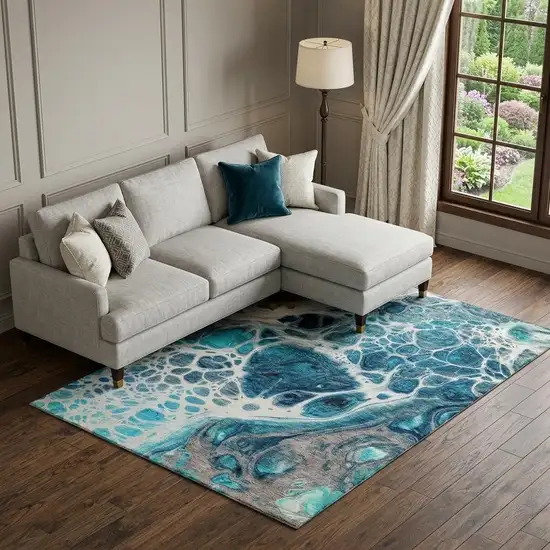 Teal Ivory And Gray Abstract Washable Area Rug With UV Protection Photo 1