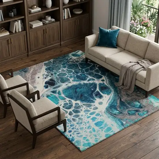 Teal Ivory And Gray Abstract Washable Area Rug With UV Protection Photo 1