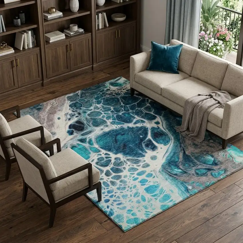 Teal Ivory And Gray Abstract Washable Area Rug With UV Protection Photo 1